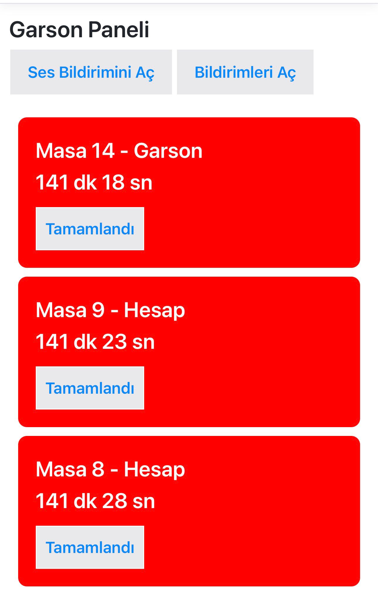 Garson paneli açık masa ve bildirim ekranı